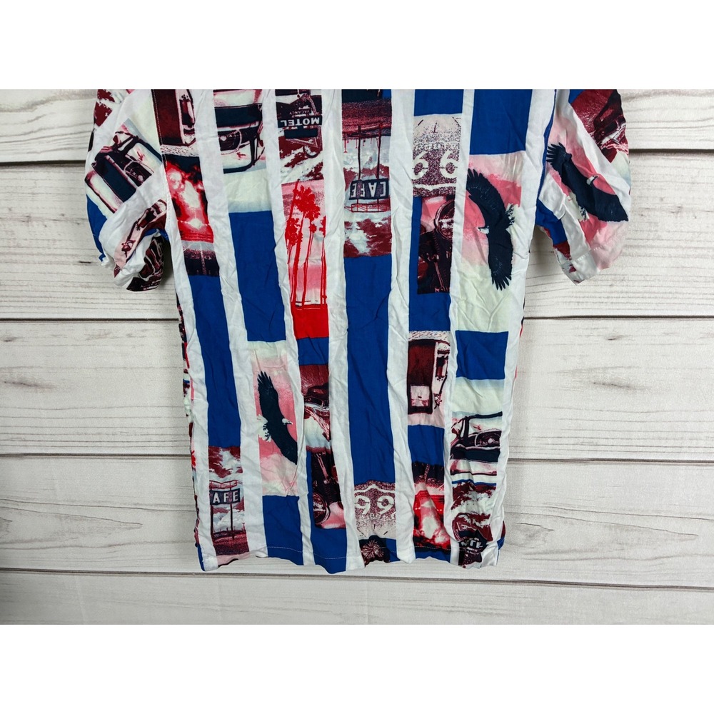 No Boundaries Mens Americana Eagle Motel Collage Stripe Button Up Shirt Blue XS - Picture 10 of 12